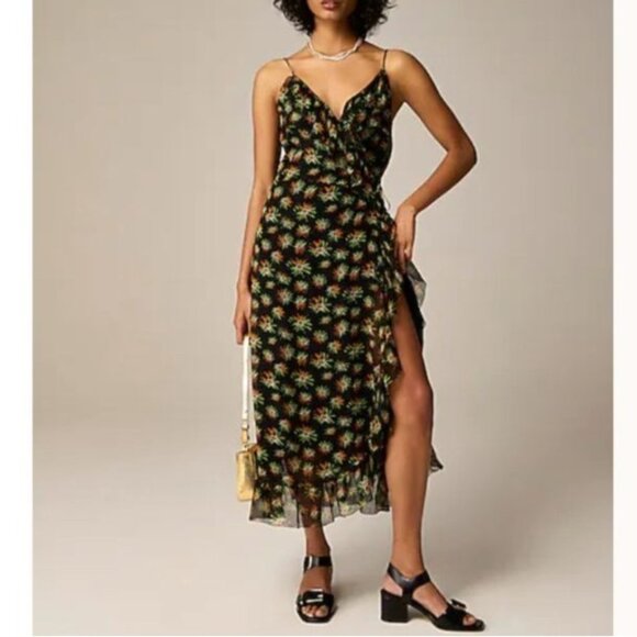 NWOT J.Crew Women's Sz 4 Flutter Wrap Dress Starburst Floral Black Multi Chiffon - Picture 1 of 16